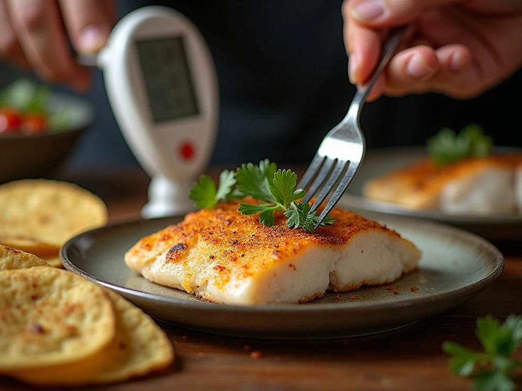 Checking baked tilapia for flaky texture and doneness