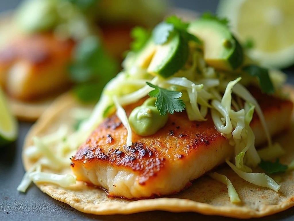 Close-up of cabbage avocado and cilantro fish taco toppings