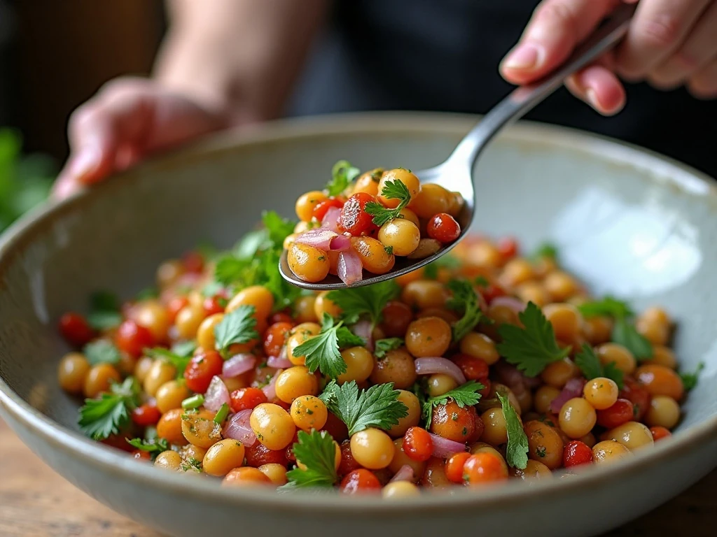Beans being gently tossed with salad dressing