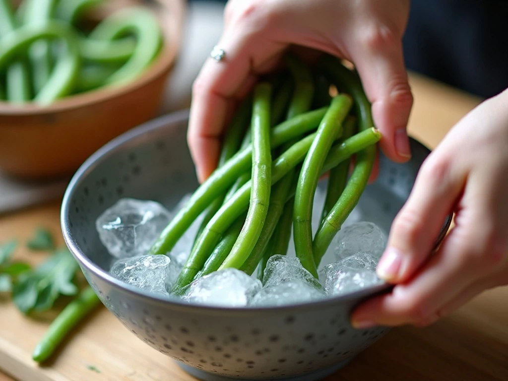 Blanched fresh green beans for five bean salad