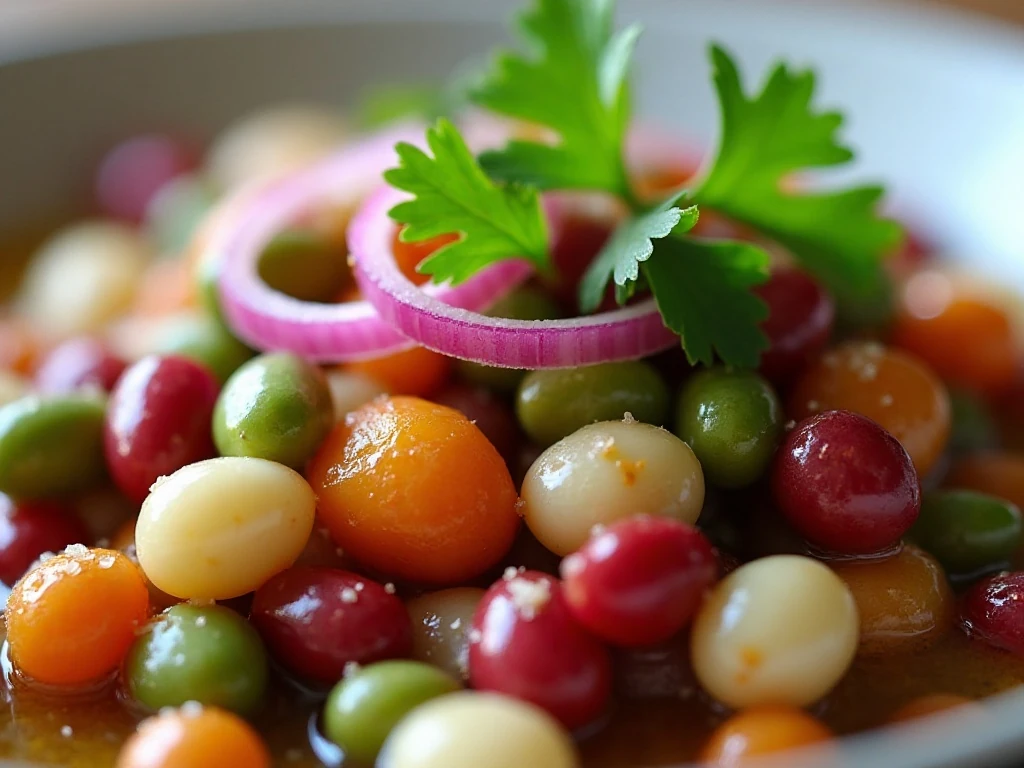 Fresh parsley and red onion garnish on bean salad
