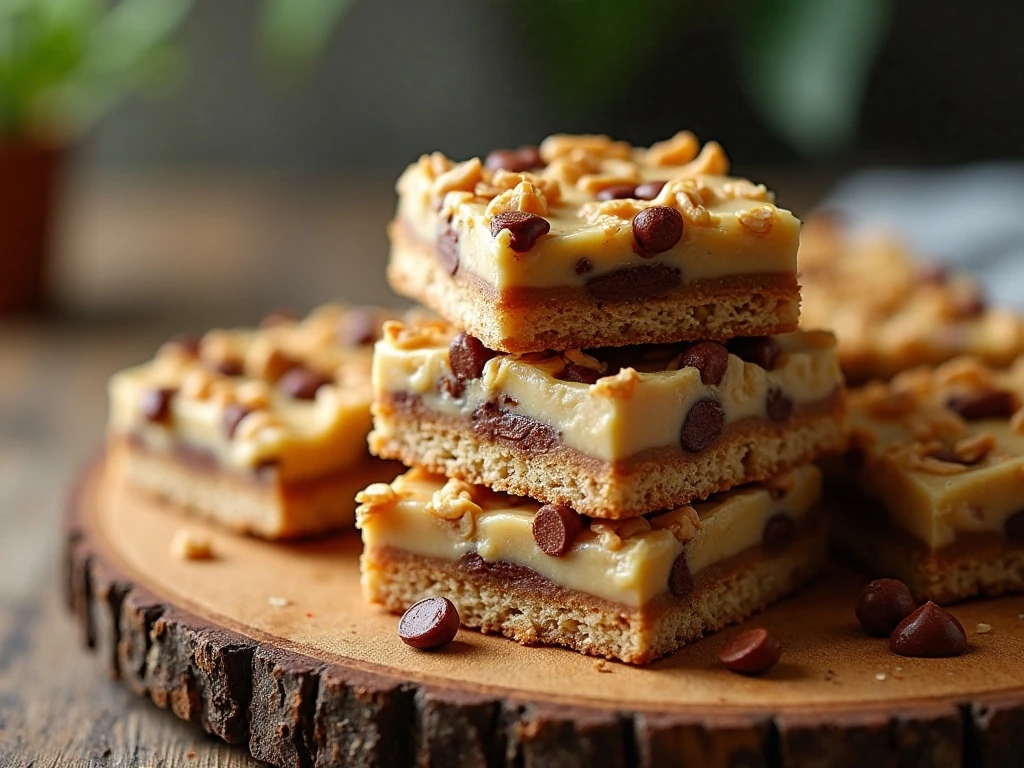 Stacked Five-Star Bars showing their chocolate, condensed milk, and nut layers