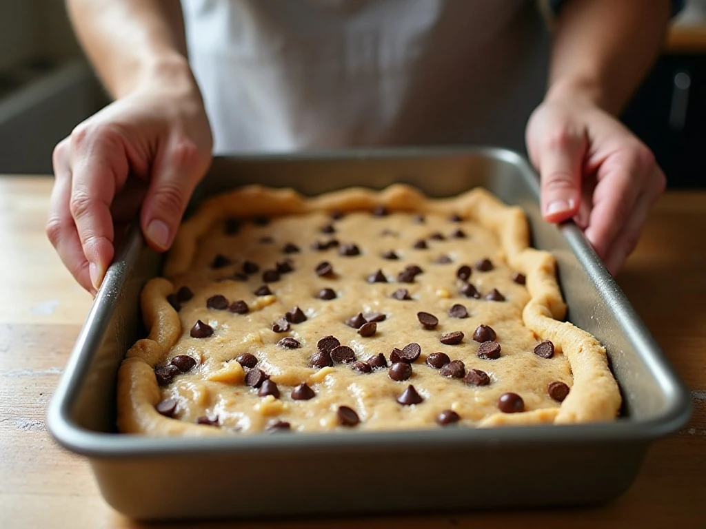 Cookie dough being pressed into a baking pan for Five-Star Bars