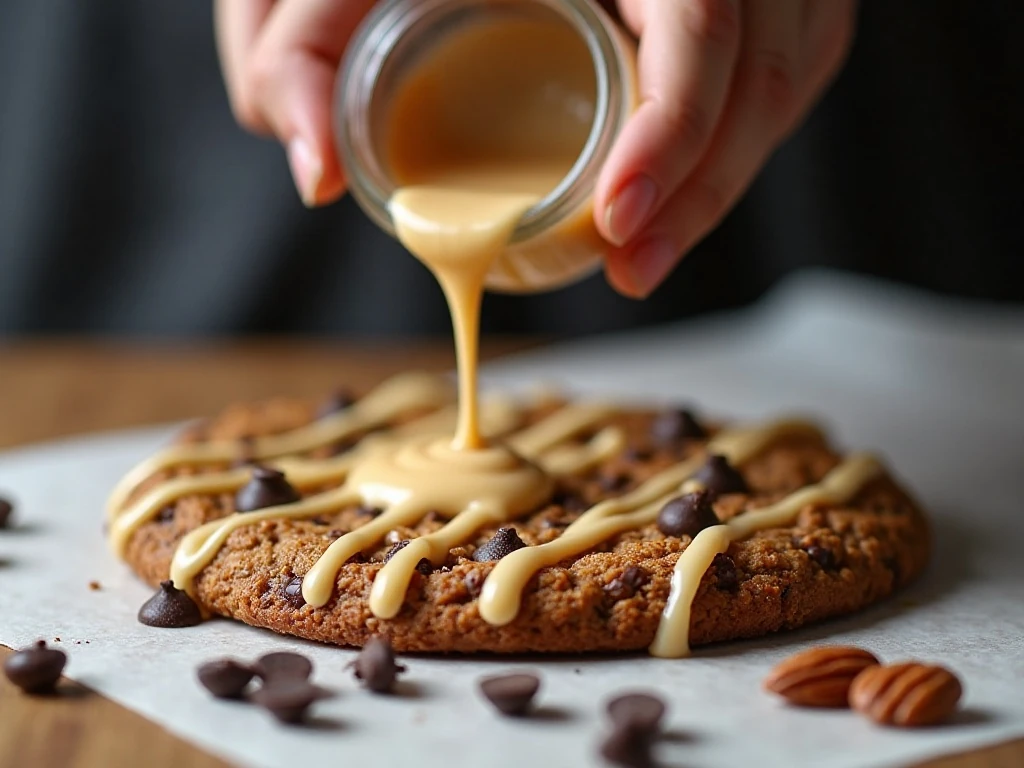 Sweetened condensed milk drizzled over the chocolate and nut topping