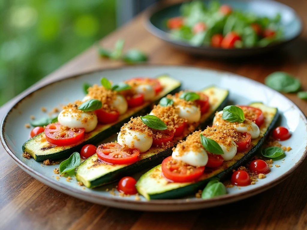 Four colorful grilled zucchini boats filled with tomatoes, cheese, herbs, and breadcrumbs