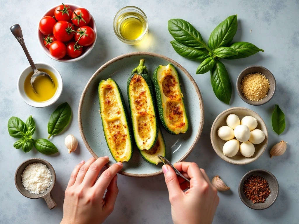 Ingredients for flavor-packed grilled zucchini boats arranged in a flat lay