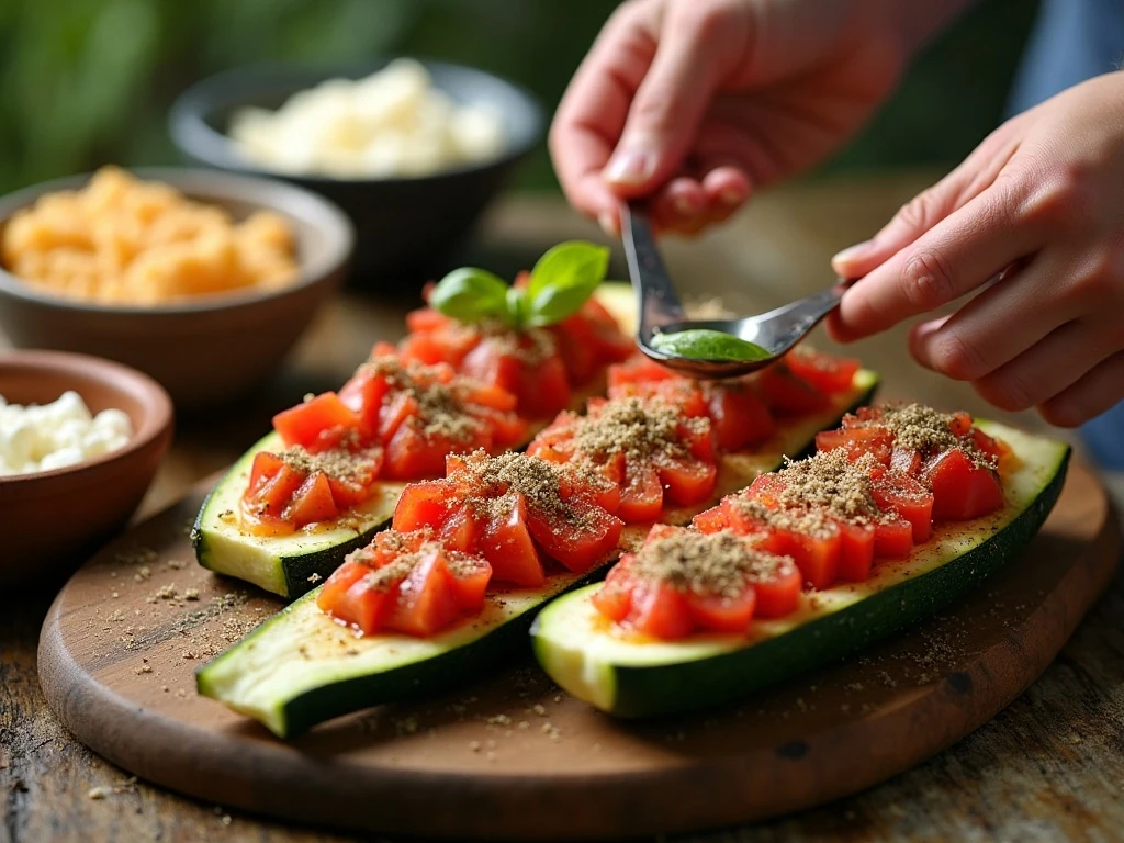 Zucchini shells being filled with tomato mixture before adding cheese and breadcrumbs