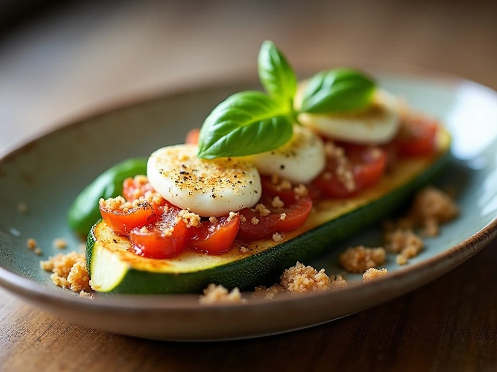 Close-up grilled zucchini boat with melted cheese, golden breadcrumbs, and fresh basil