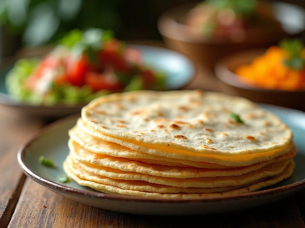 Stack of soft homemade flour tortillas ready to serve