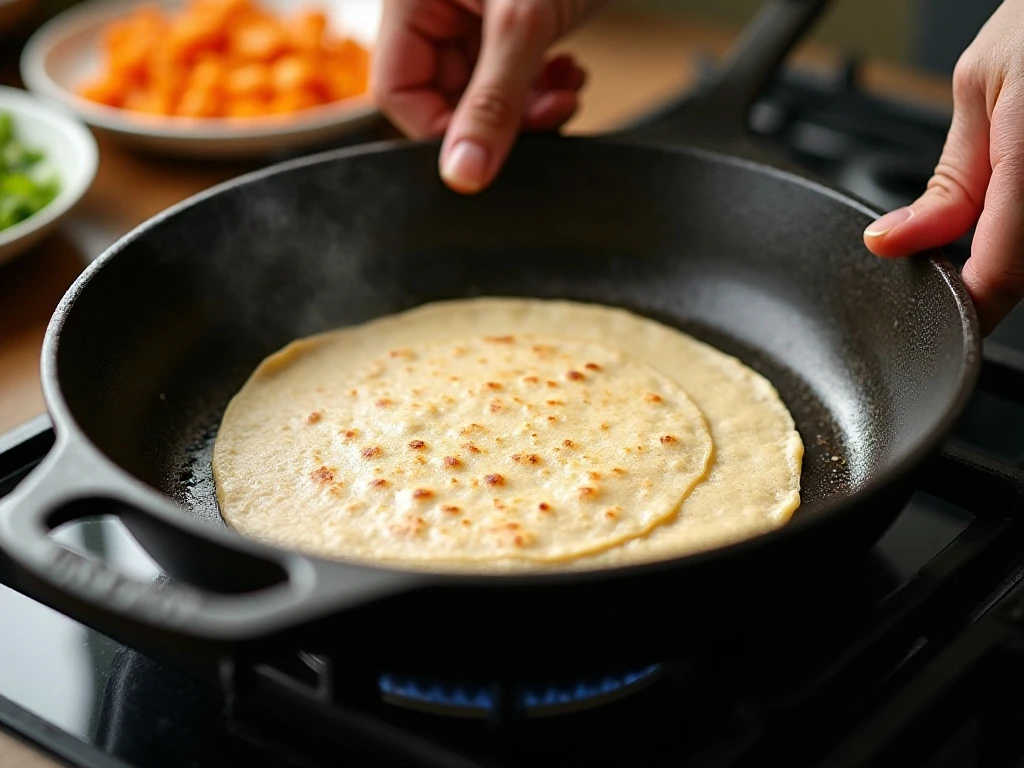 Flour tortilla developing bubbles and golden skillet spots