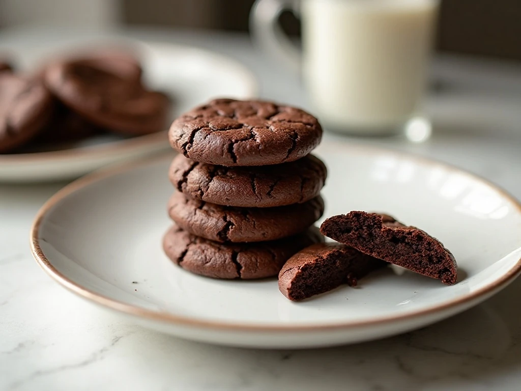 Stack of fudgy flourless chocolate cookies with crackled tops and soft centers