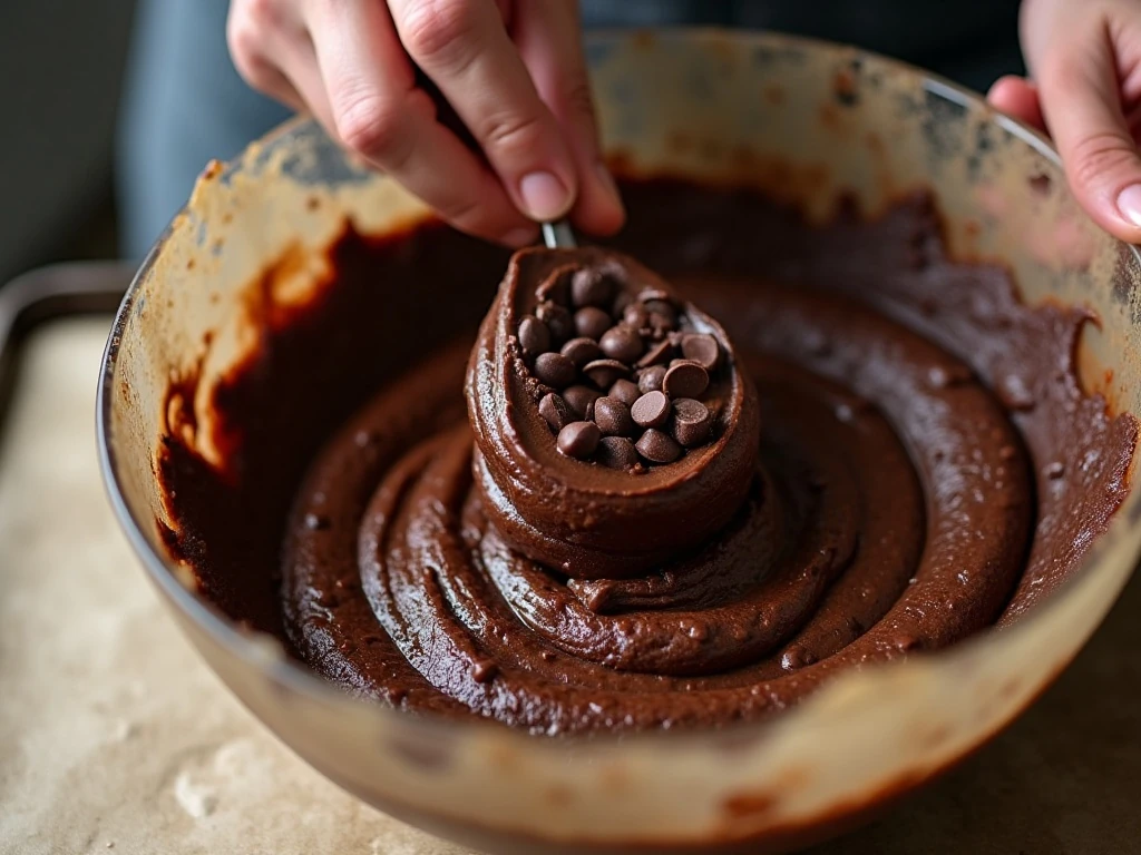 Glossy flourless chocolate cookie batter with chocolate chips