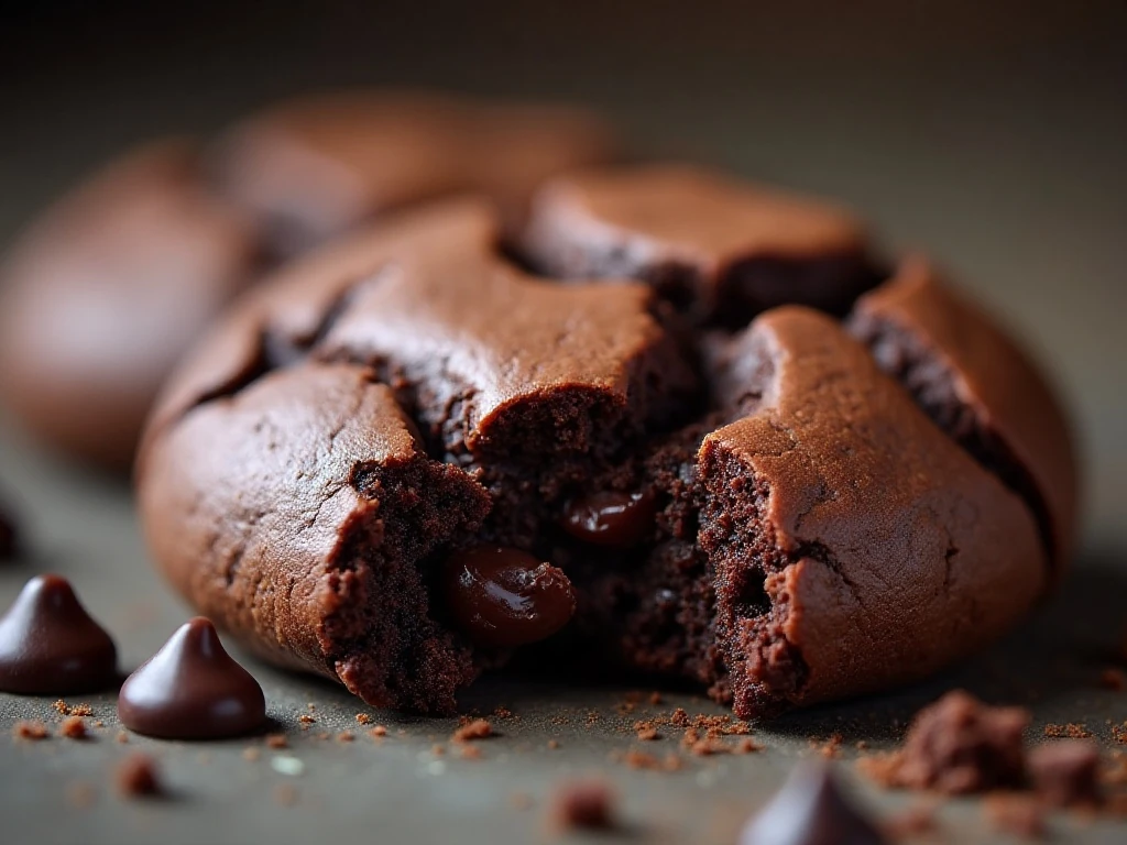 Close-up of a shiny crackled fudgy chocolate cookie