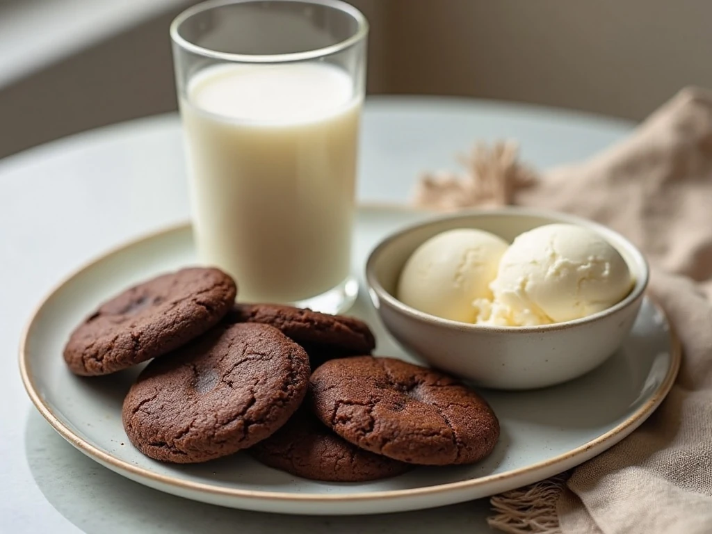 Flourless chocolate cookies served with milk and vanilla ice cream