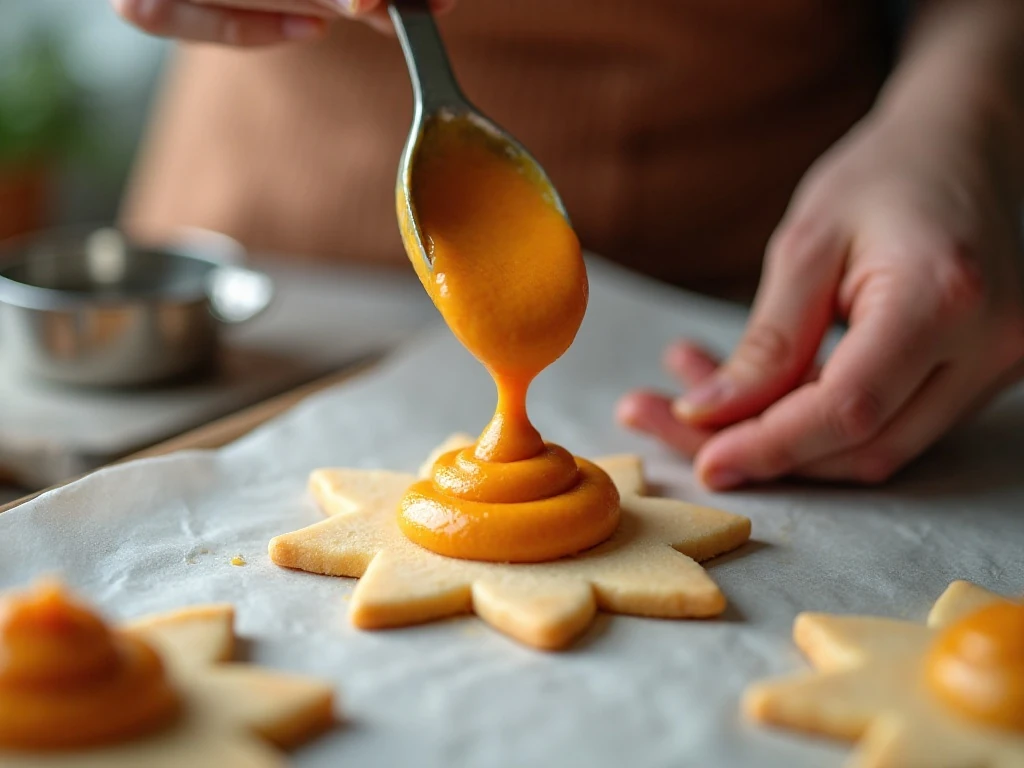 Filling flower-shaped pastry cutouts with pumpkin pie mixture