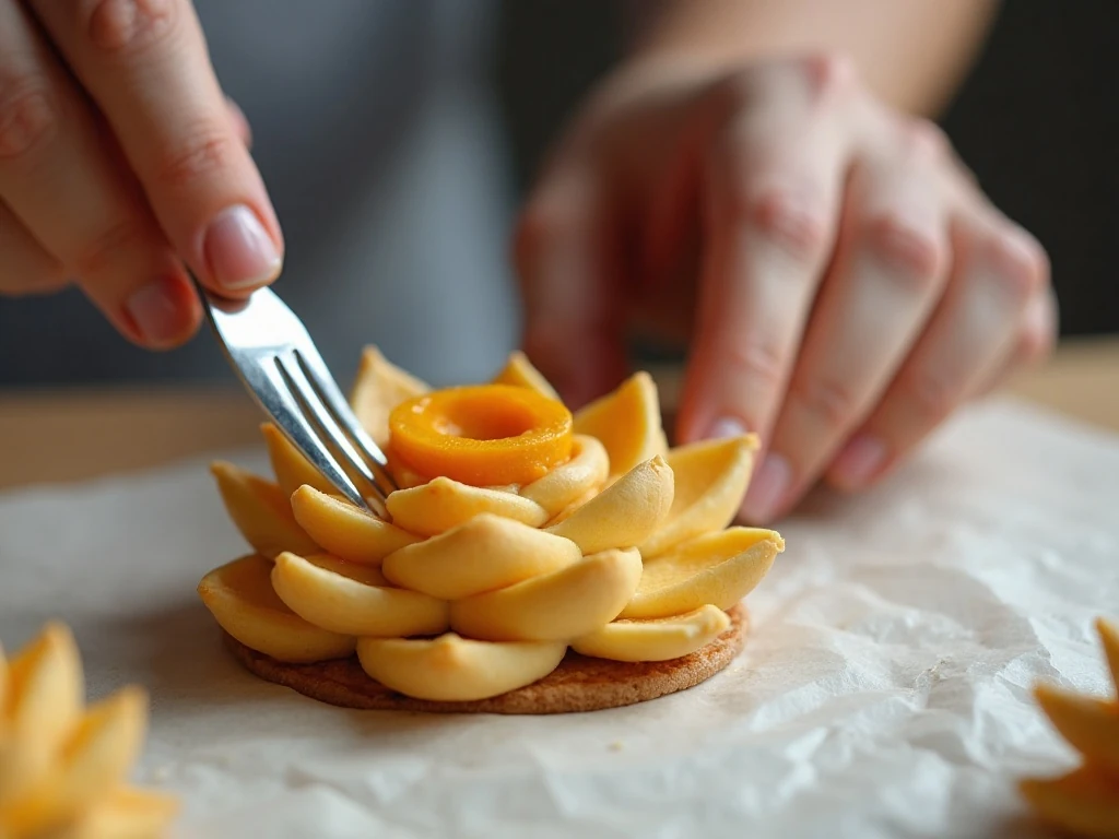 Sealing flower-shaped mini pumpkin pies before baking