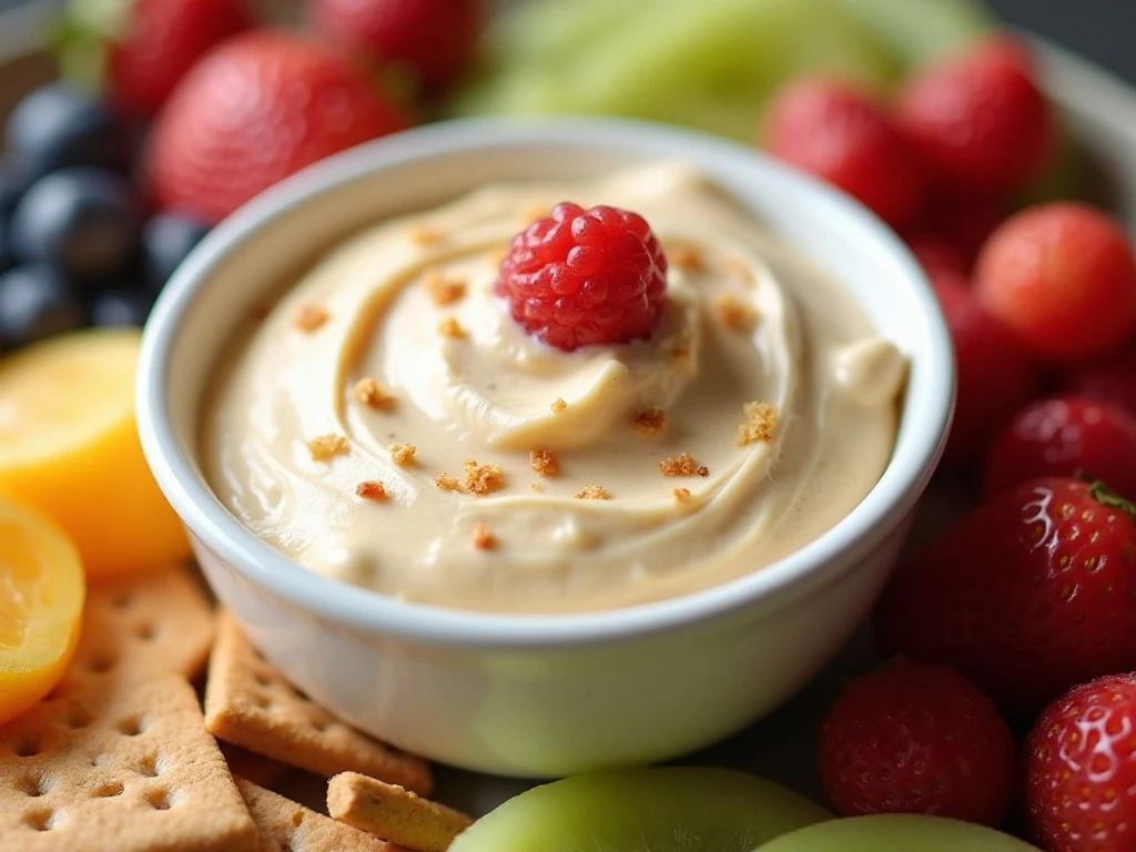 Fluffernutter fruit dip surrounded by fresh fruit and graham crackers