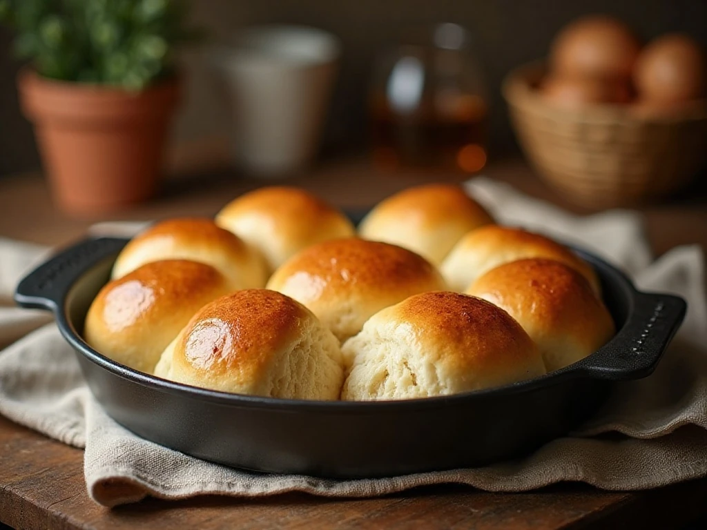 Fluffy bread machine dinner rolls arranged in a baking pan