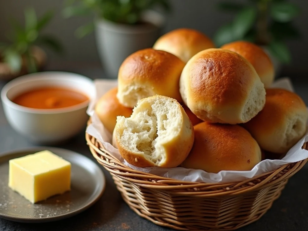 Bread machine rolls served with soup and butter