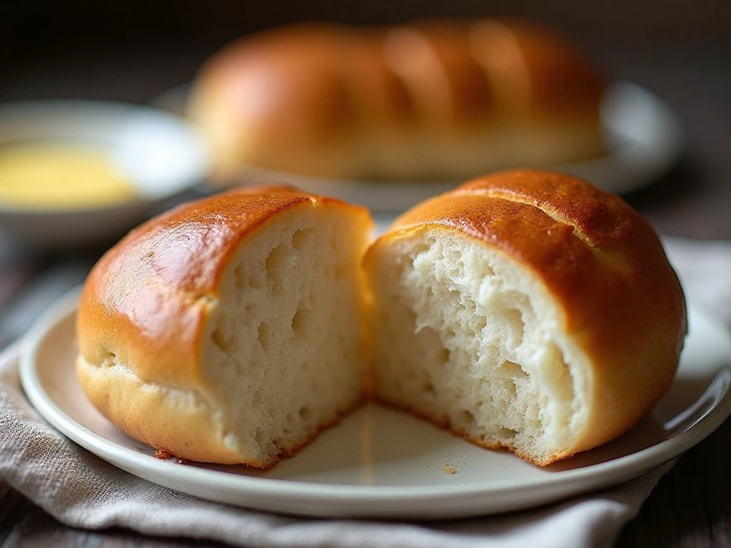 Close-up of the soft interior of a homemade dinner roll