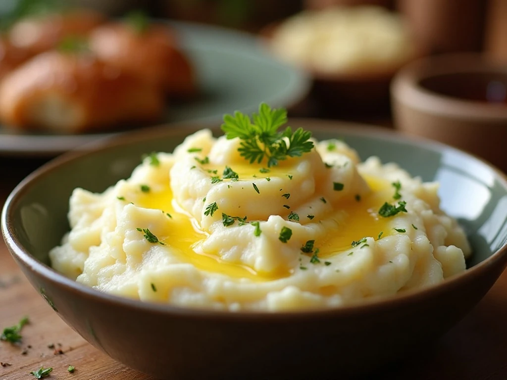 Fluffy garlic herb mashed potatoes served as a comforting dinner side