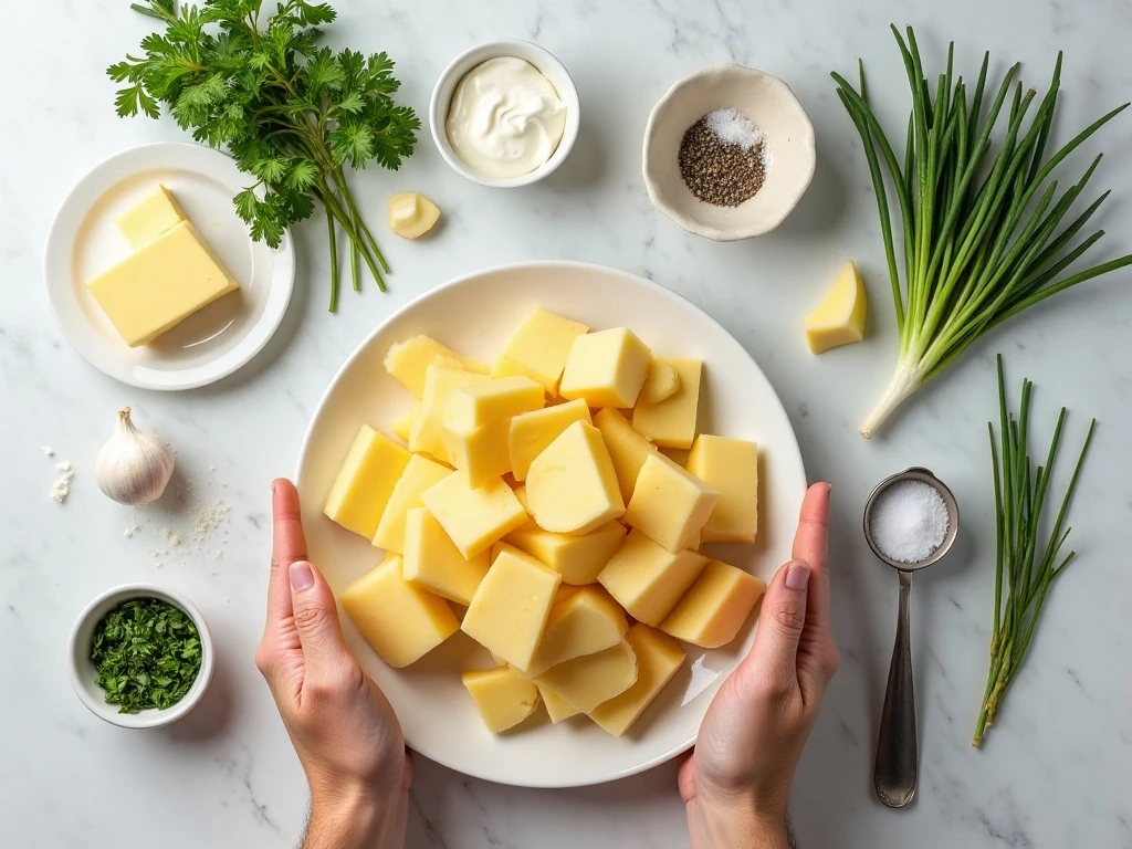 Ingredients for garlic herb mashed potatoes arranged on a kitchen counter
