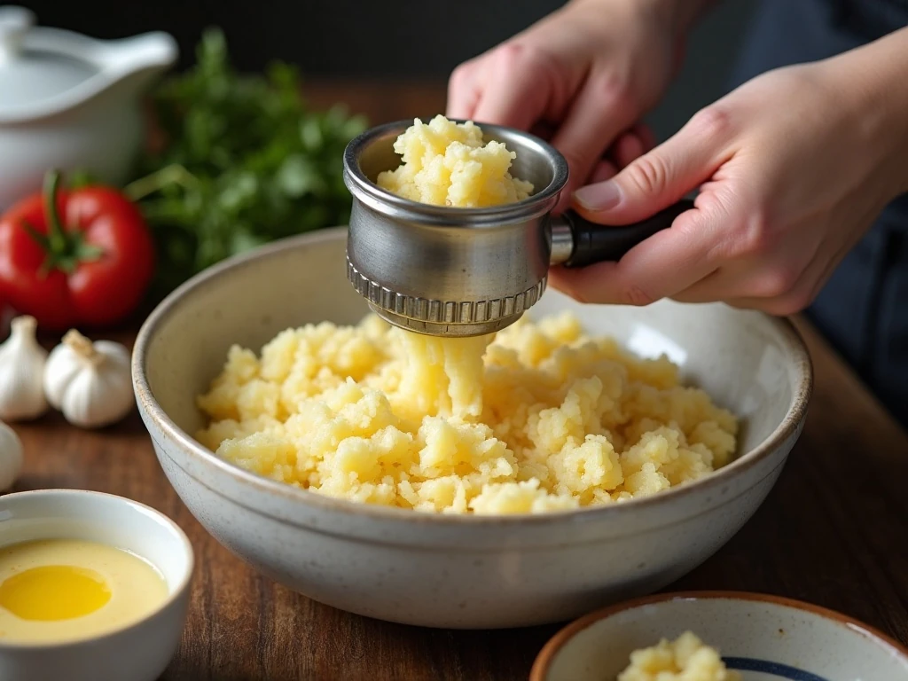 Potatoes and garlic being pressed through a ricer for fluffy mashed potatoes