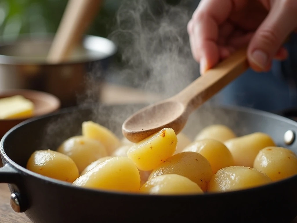 Drained potatoes drying in a hot pot before making mashed potatoes
