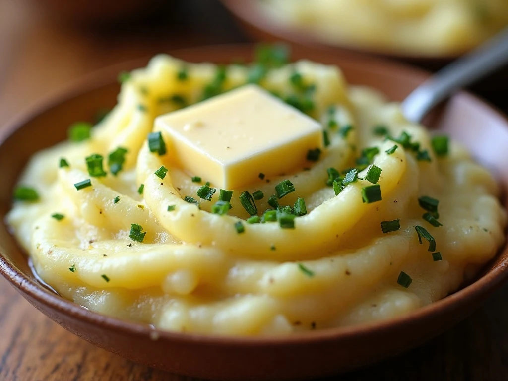 Reheated garlic herb mashed potatoes topped with butter and fresh herbs