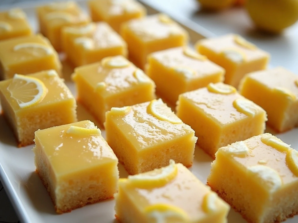 Glazed fudgy and fluffy lemon brownies arranged on a serving platter