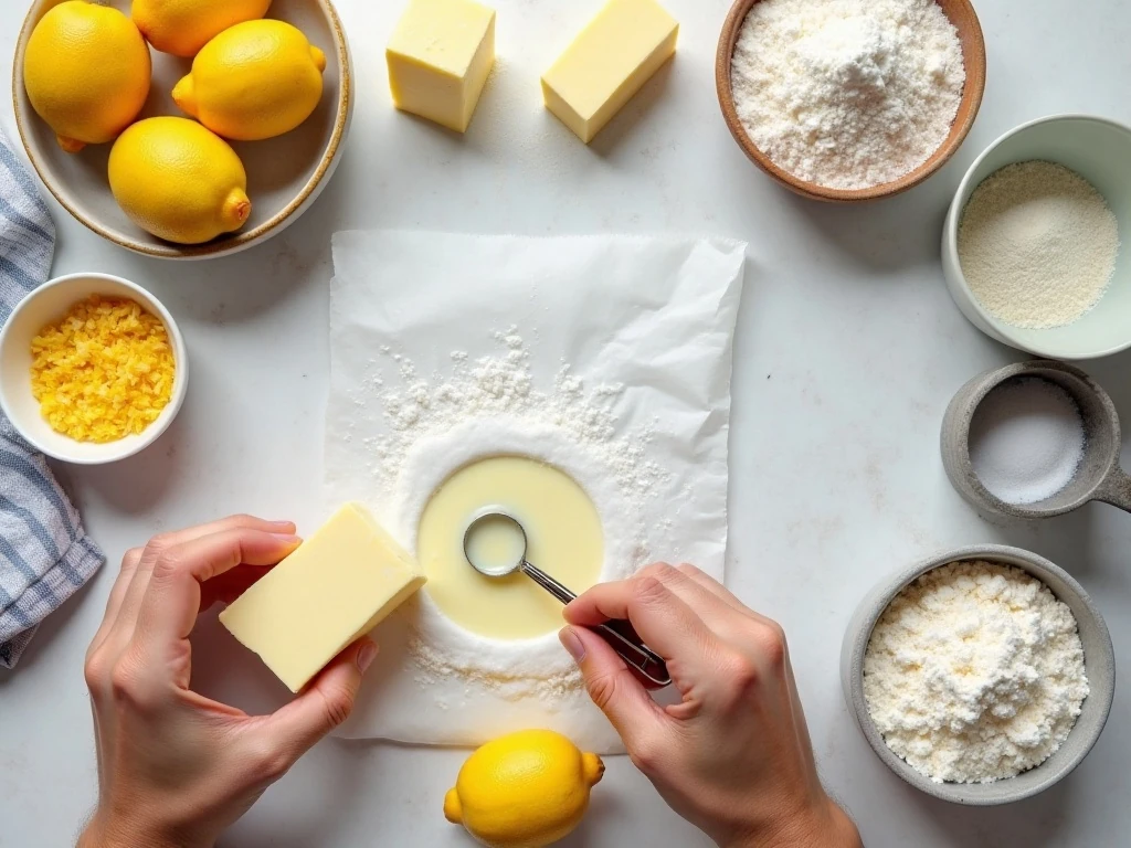 Ingredients for homemade lemon brownies and lemon glaze