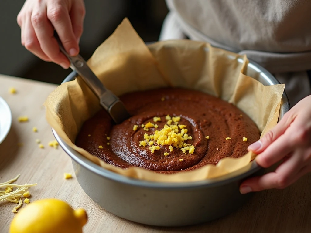 Lemon brownie batter being folded before baking