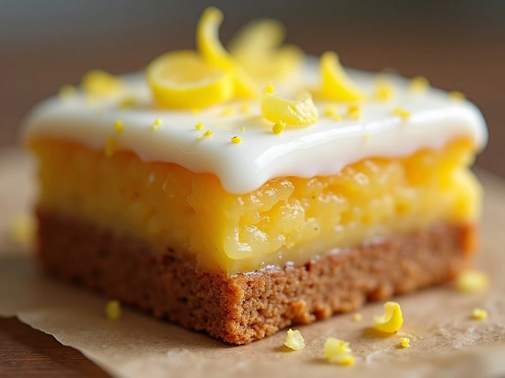Close-up of the fudgy center and lemon glaze on a brownie