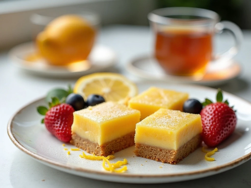 Lemon brownies served with berries and tea