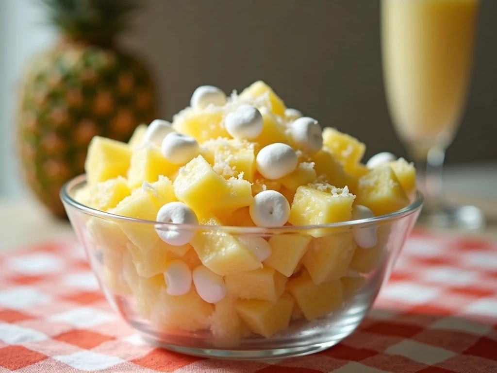 Creamy fluffy pineapple salad prepared for a family gathering