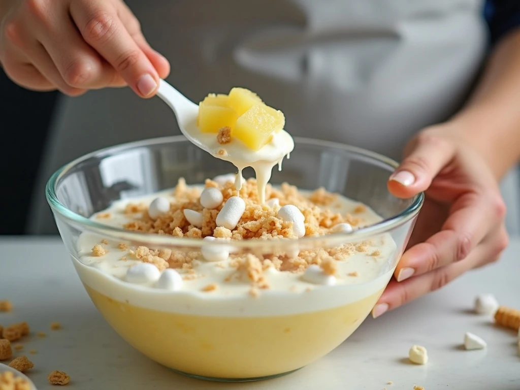 Gently folding ingredients into pineapple fluff salad