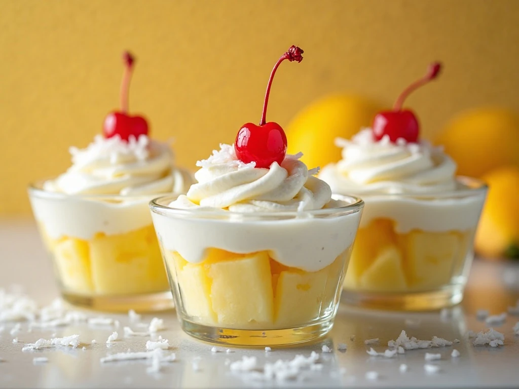 Individual servings of pineapple salad topped with cherries