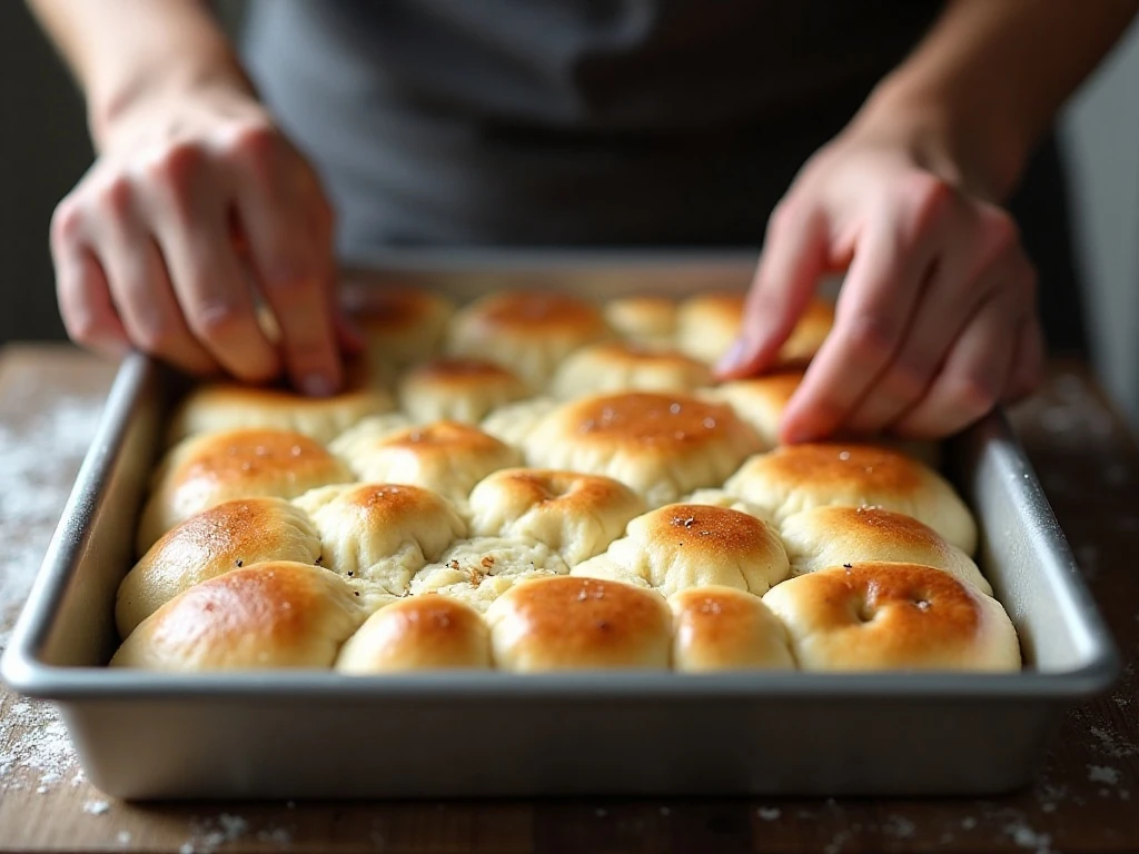 Stretching bubbly focaccia dough in an oiled metal pan