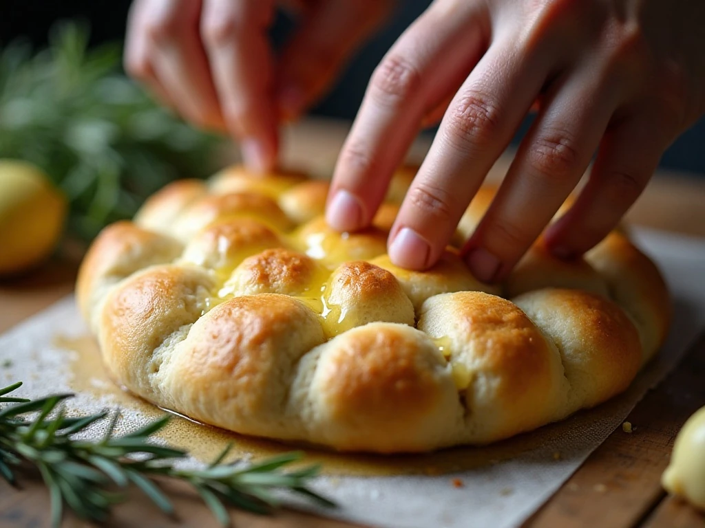 Dimpling puffy focaccia dough before baking