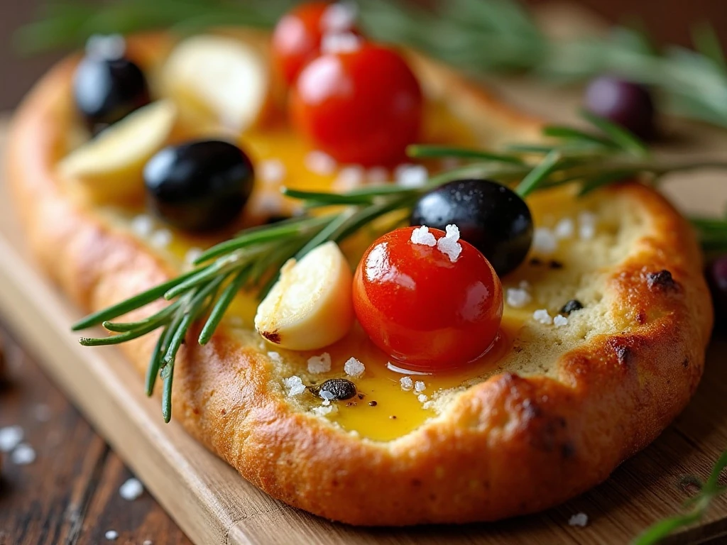Rosemary and savory toppings on golden focaccia