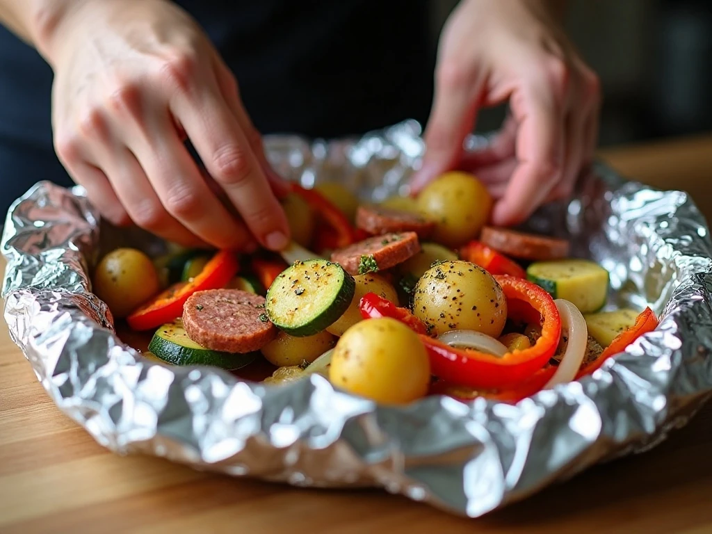 Assembling sweet Italian sausage foil packets