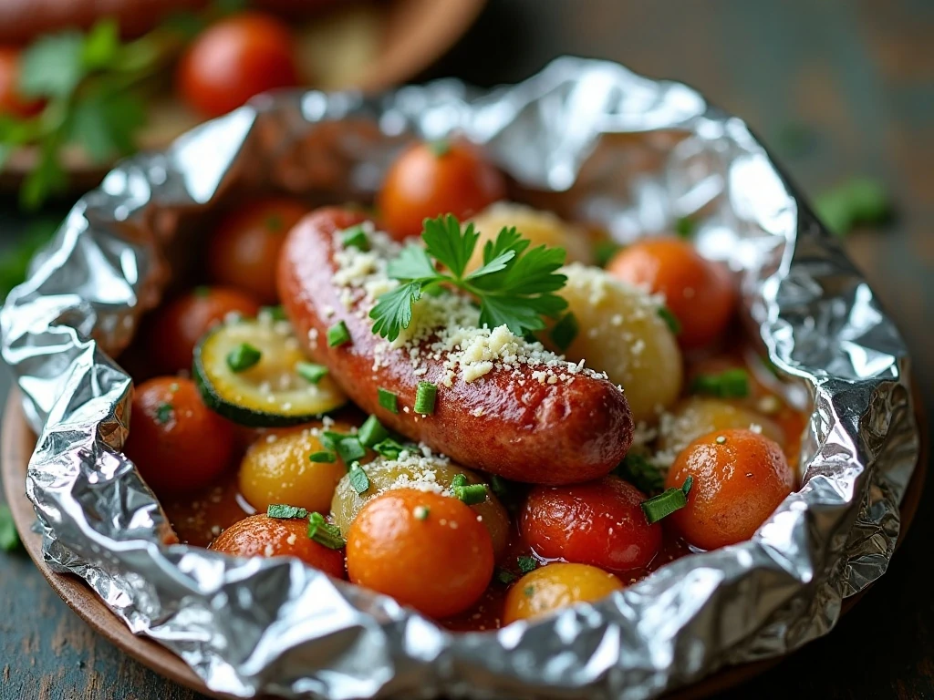 Garnished sweet Italian sausage foil packet dinner