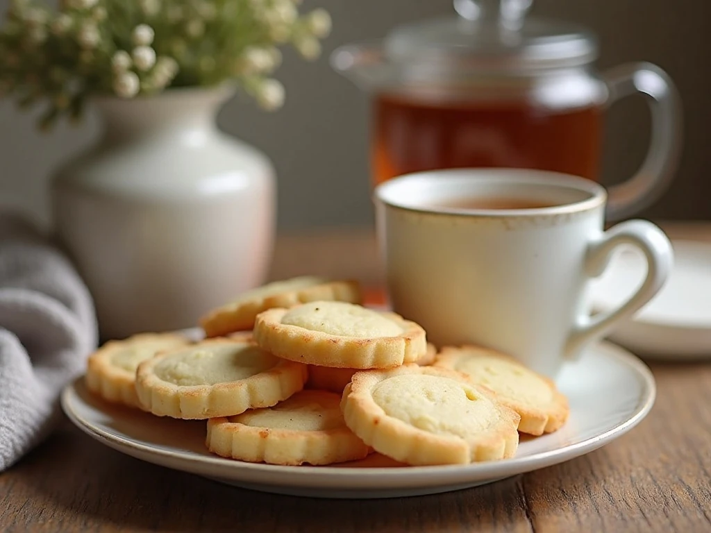 Plate of tender four-ingredient desperation cookies served with tea