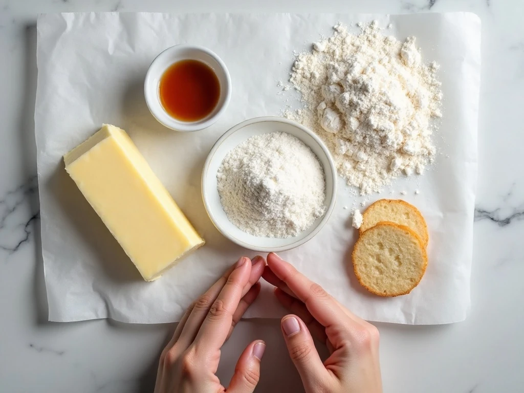 Four ingredients for desperation cookies arranged on a countertop