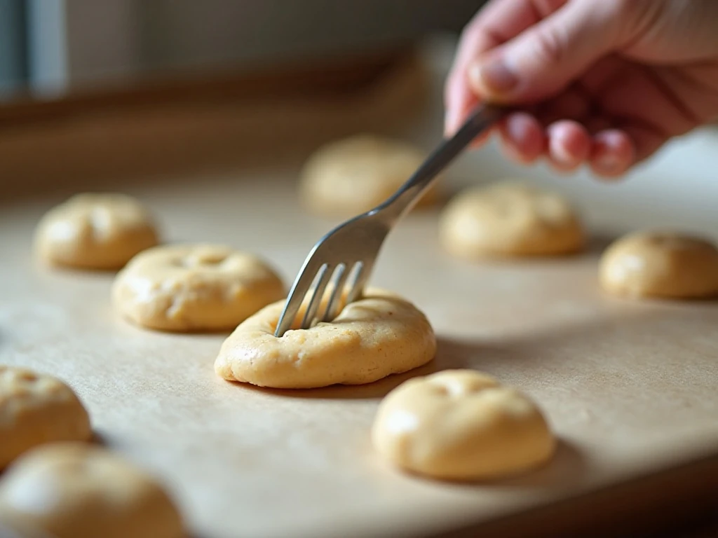 Cookie dough balls flattened with a fork before baking