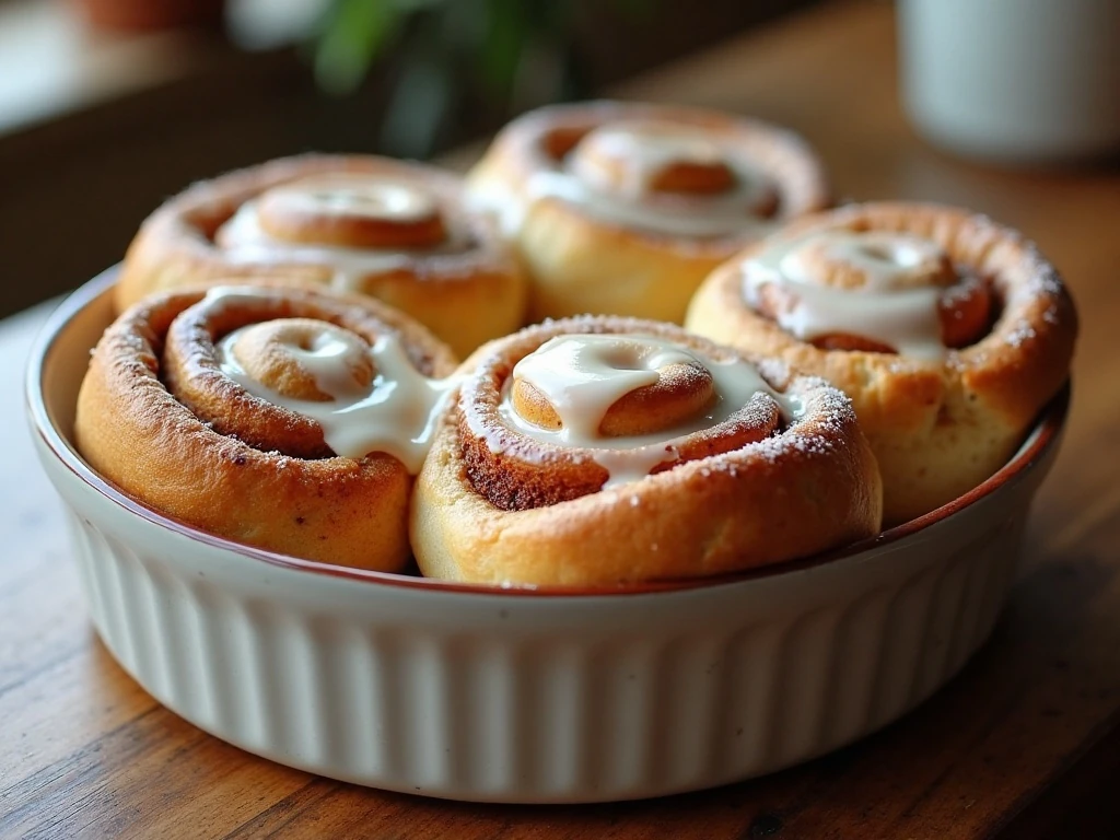 Warm homemade cinnamon rolls covered with cream-cheese icing