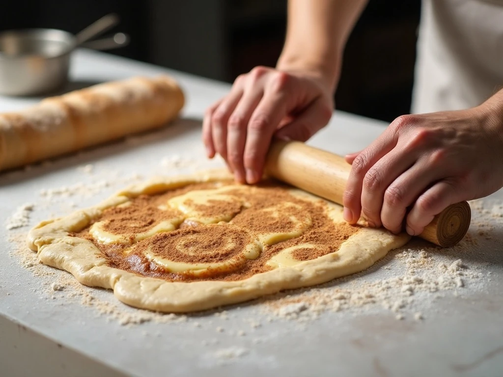 Rolling dough with cinnamon roll filling