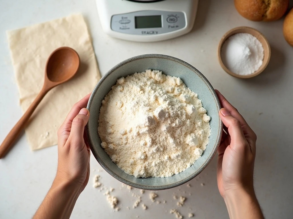 Ingredients for homemade French baguettes arranged on a work surface