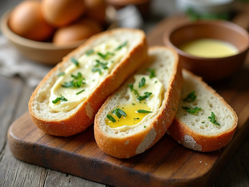 Crisp baguette slices served with butter and cheese