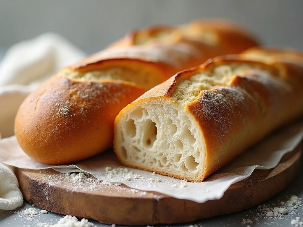 Two crispy homemade French baguettes with airy centers